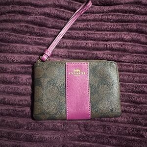 Coach Signature Brown Wristlet with Dark Magenta accents